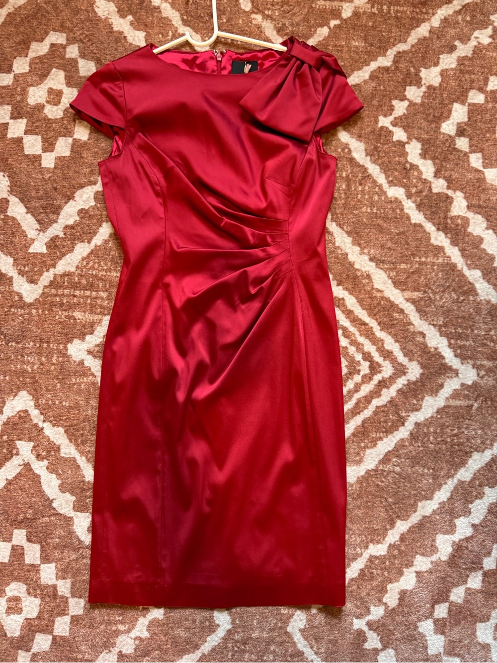 Alex Marie satin sheath dress boat neck structured cap sleeve w/bow & pleats 4